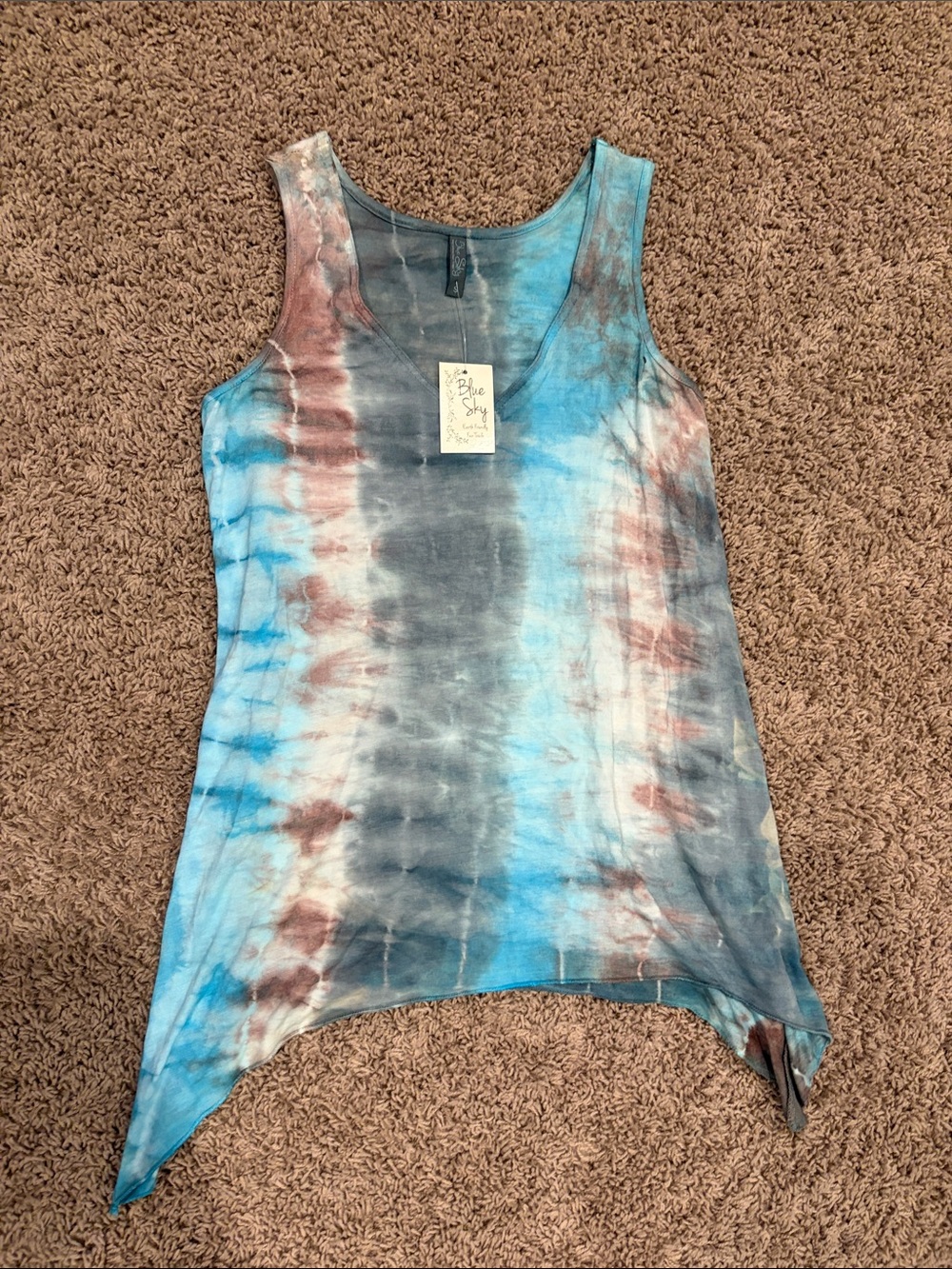Blue Sky Blue and Brown Tie-Dye Handkerchief Hem Tank